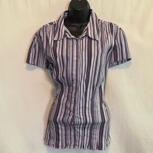 H-36 A.N.A. PLUS SIZE 1X Purple‎ Stripe Short Sleeve Button Down Blouse
